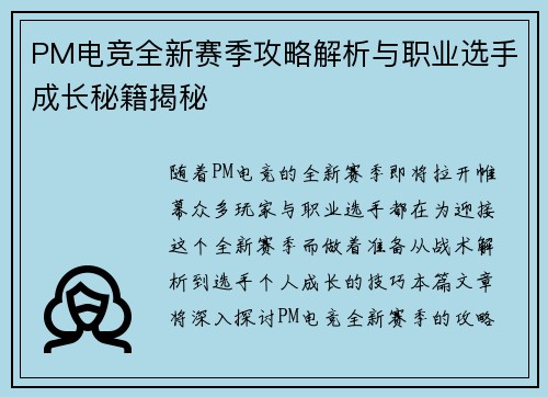 PM电竞全新赛季攻略解析与职业选手成长秘籍揭秘