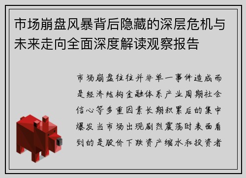 市场崩盘风暴背后隐藏的深层危机与未来走向全面深度解读观察报告